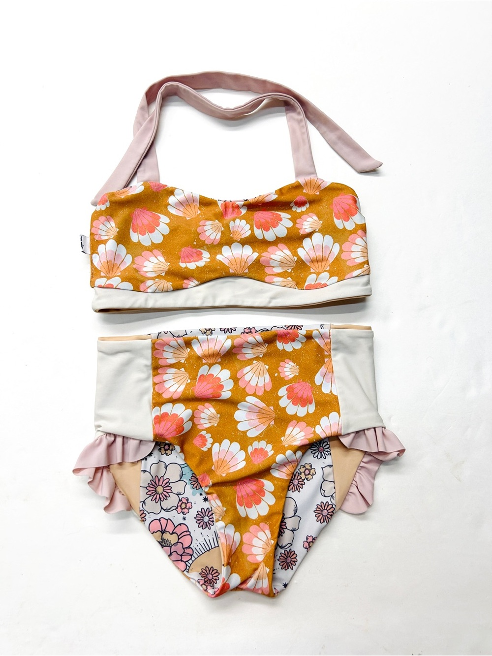 Nora Madison Reversible Two Piece Halter Bikini Swimsuit Orange Floral/Shell